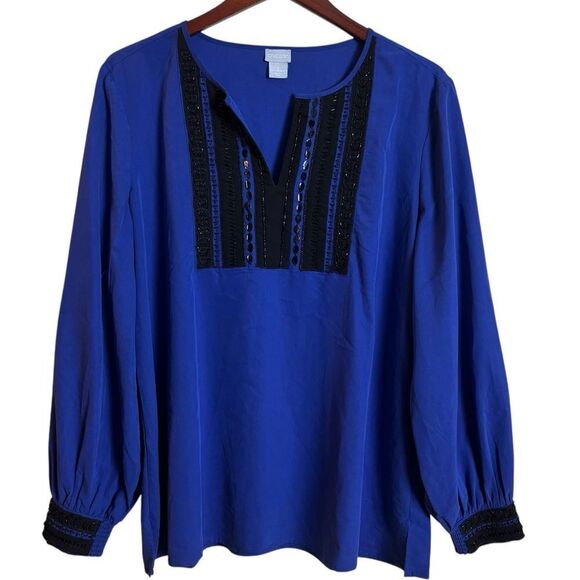 Chico's Embellished Colorblock Top in Seafaring Blue & Black Size Large (16) - Picture 2 of 13